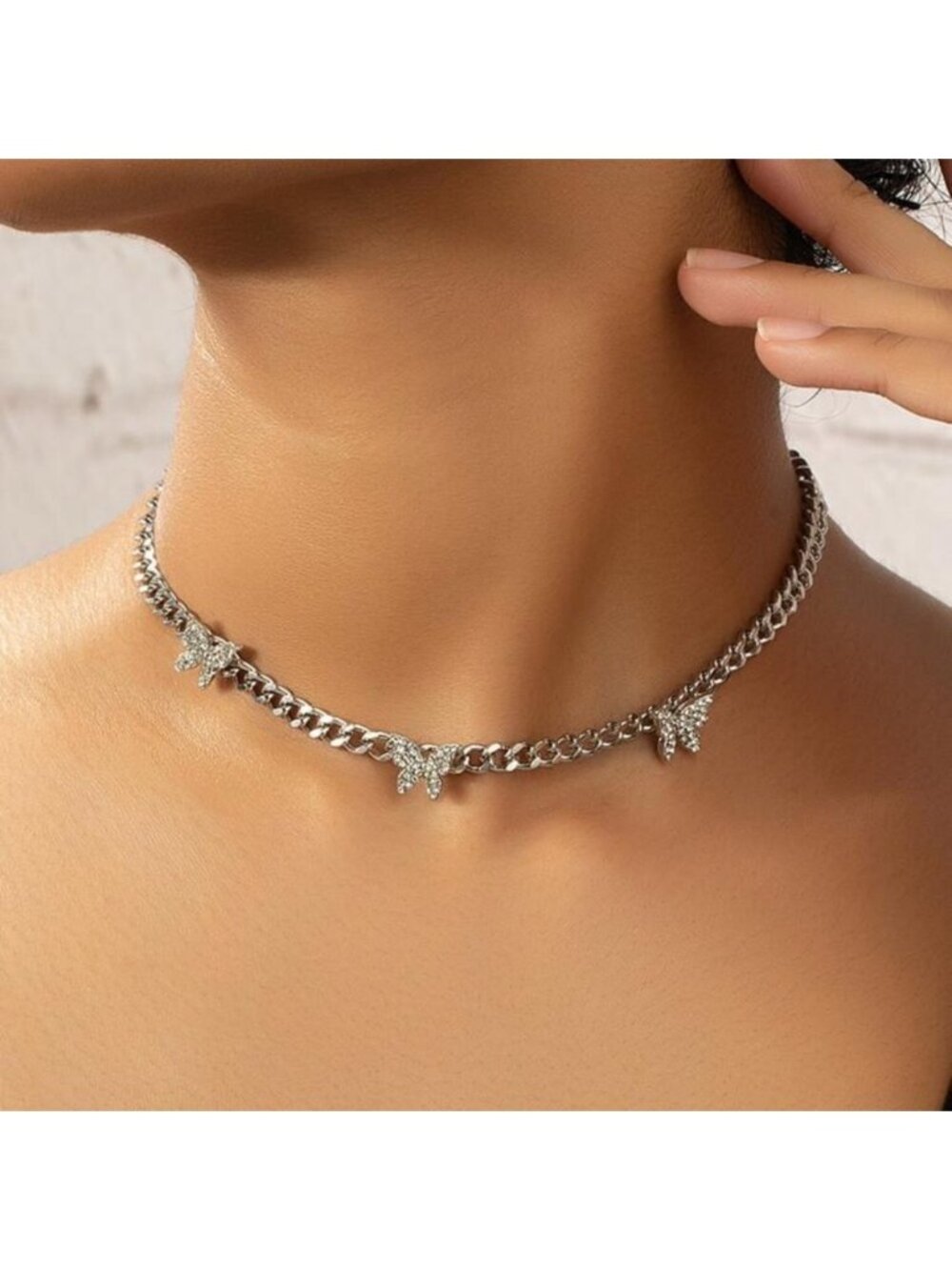 Silver Rhinestone Butterfly Choker Necklace